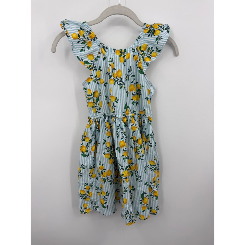 Crewcuts CU094 Lemon Print Dress Girls Size 8 Blue White Stripe Ruffle Smocked